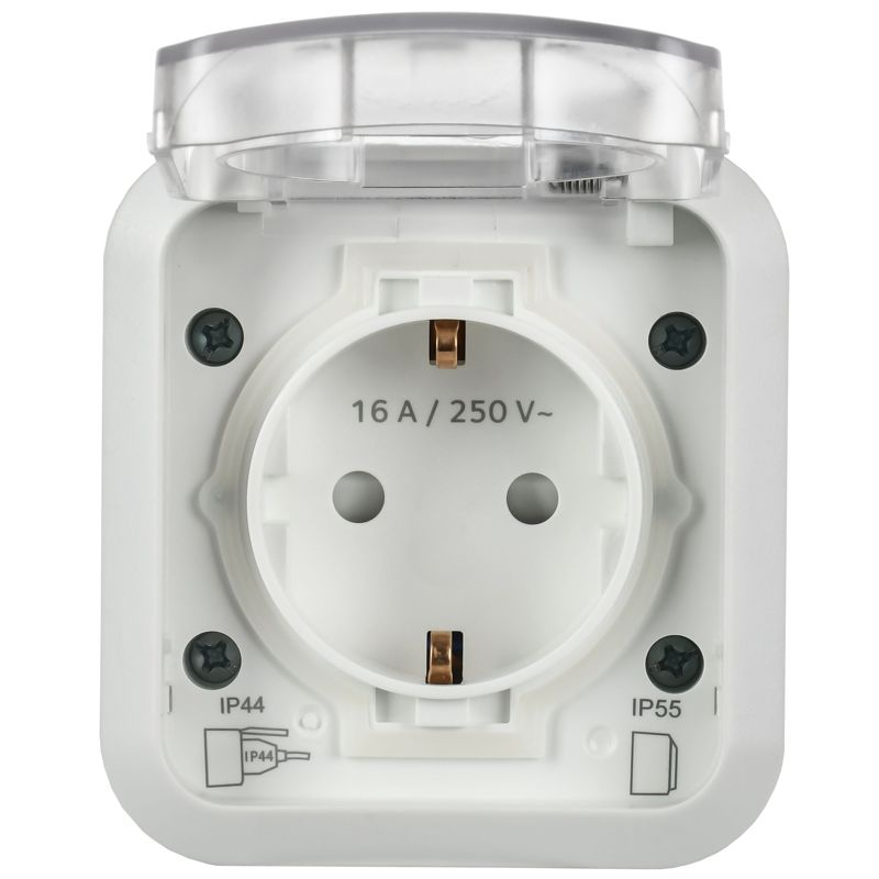 TORS Розетка 1-местная заземляющим контактом и крышкой 16А IP55 TS320 белый IEK