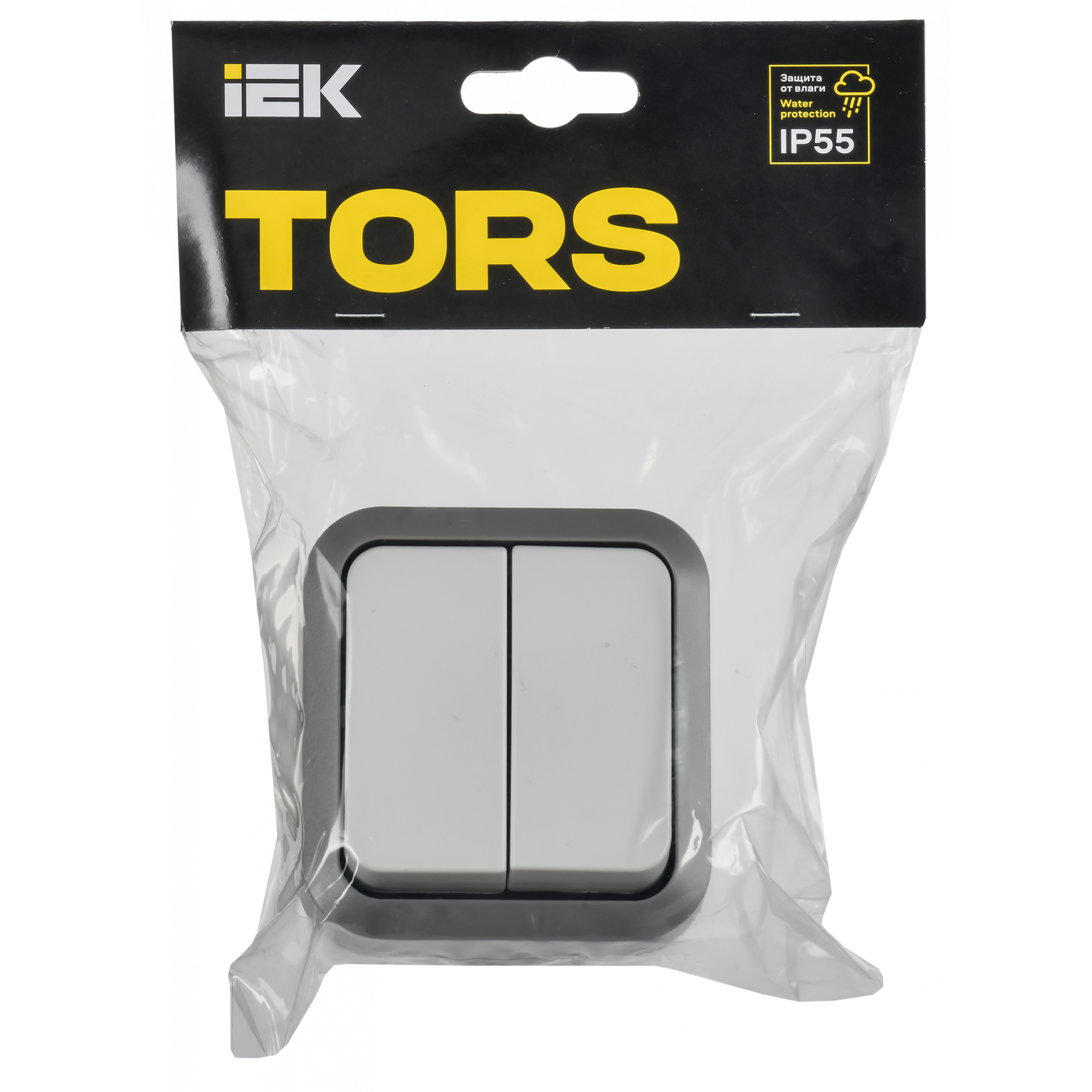 TORS Выключатель двухклавишный проходной 10А IP55 TS225 сер-бел IEK
