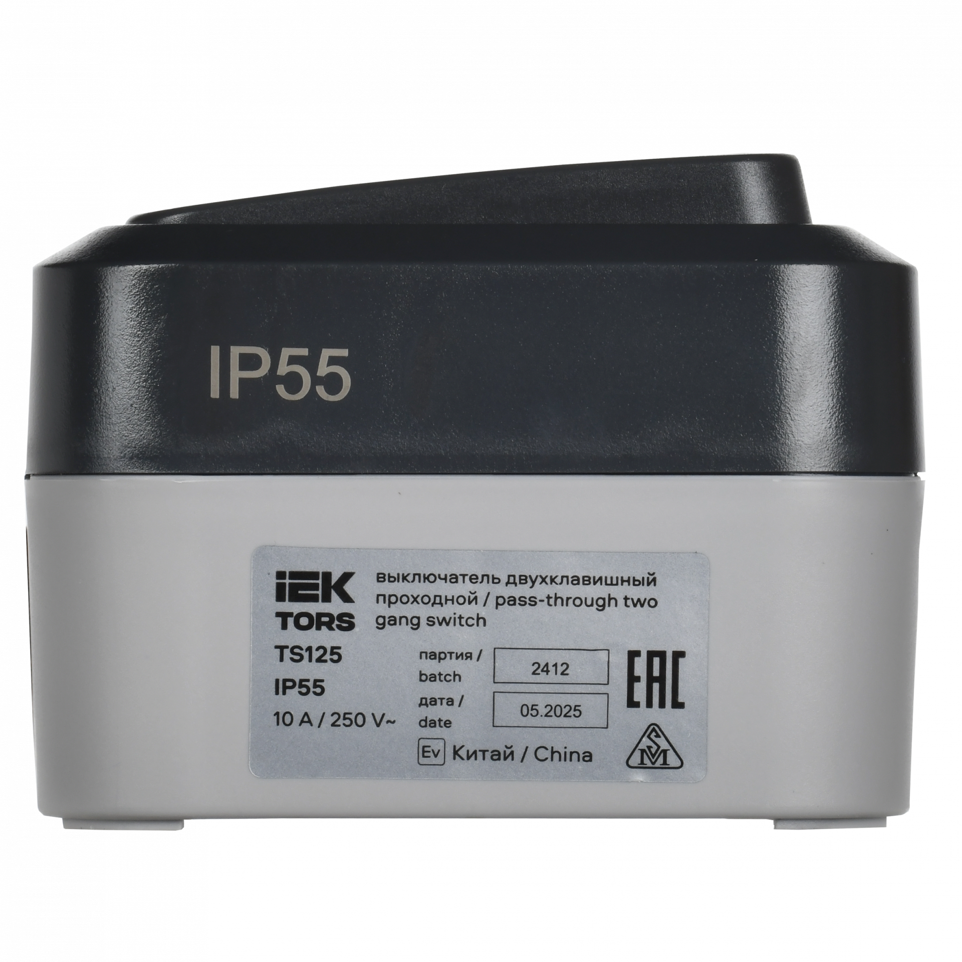 TORS Выключатель двухклавишный проходной 10А IP55 TS125 графит IEK
