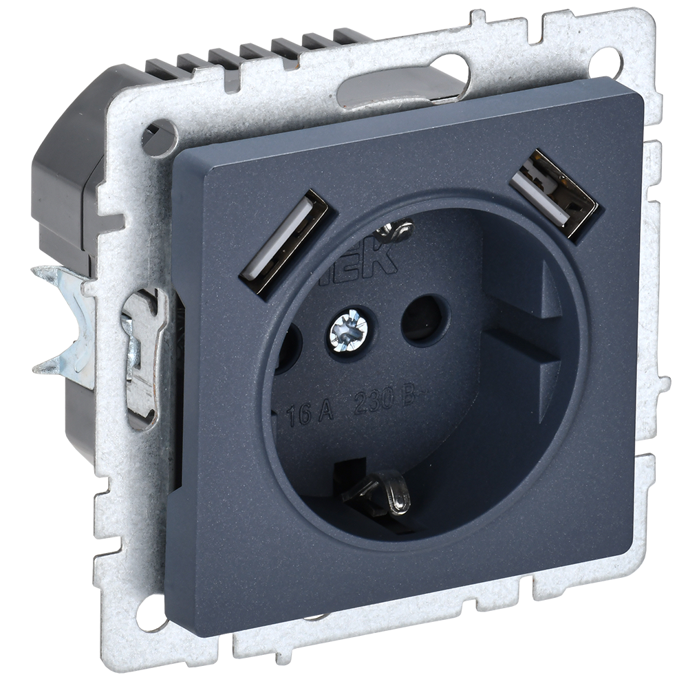 BRITE Розетка 1-местная с заземлением с защитными шторками 16А с USB A+A 5В 3,1А РЮш10-2-БрМ маренго IEK