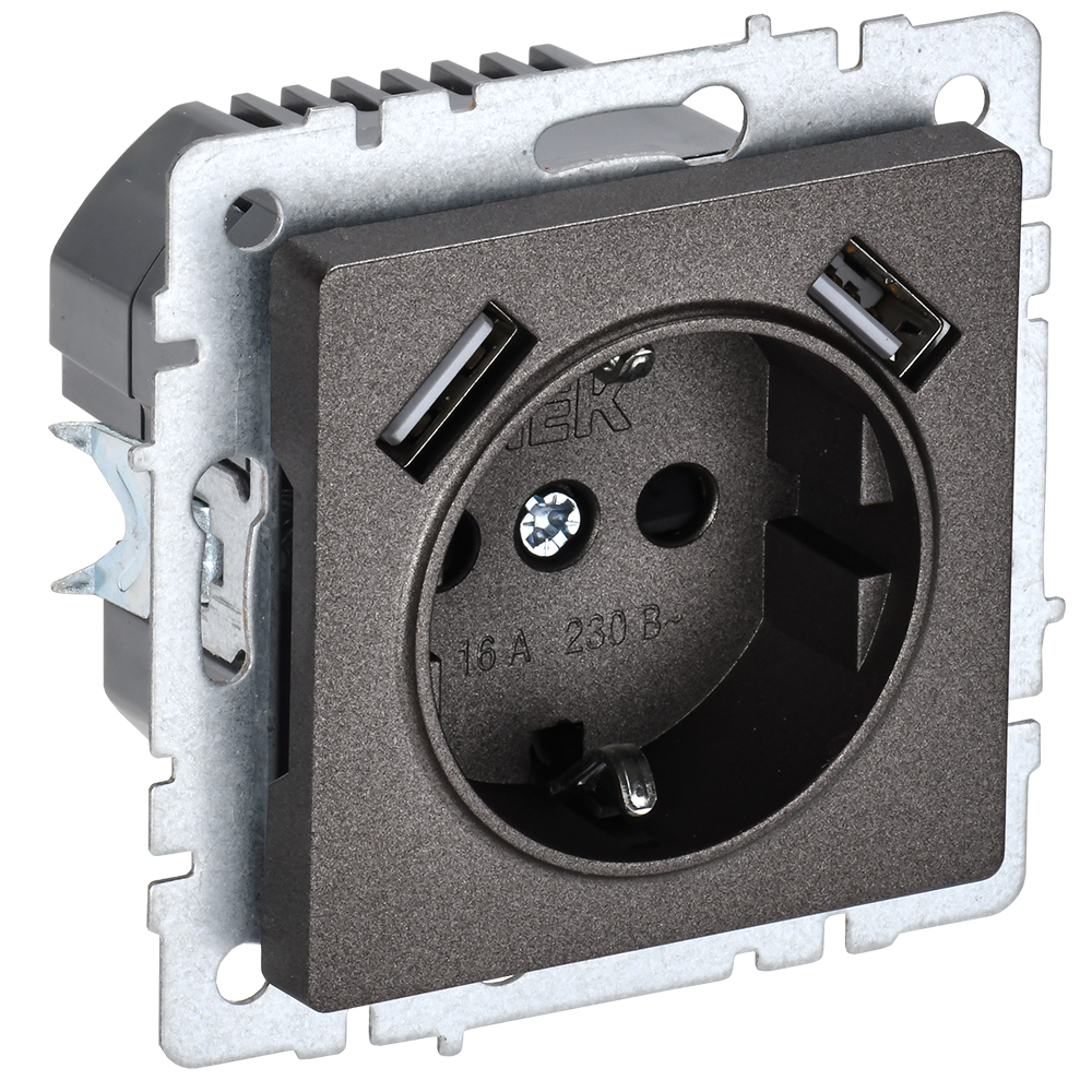 BRITE Розетка 1-местная с заземлением с защитными шторками 16А с USB A+A 5В 3,1А РЮш10-2-БрТБ темная бронза IEK