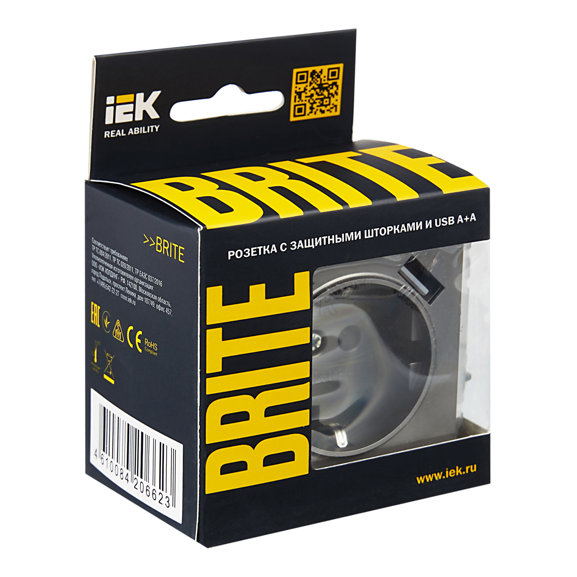 BRITE Розетка 1-местная с заземлением с защитными шторками 16А с USB A+A 5В 3,1А РЮш10-2-БрС сталь IEK