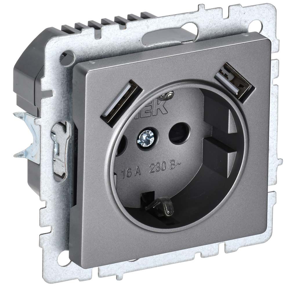 BRITE Розетка 1-местная с заземлением с защитными шторками 16А с USB A+A 5В 3,1А РЮш10-2-БрС сталь IEK