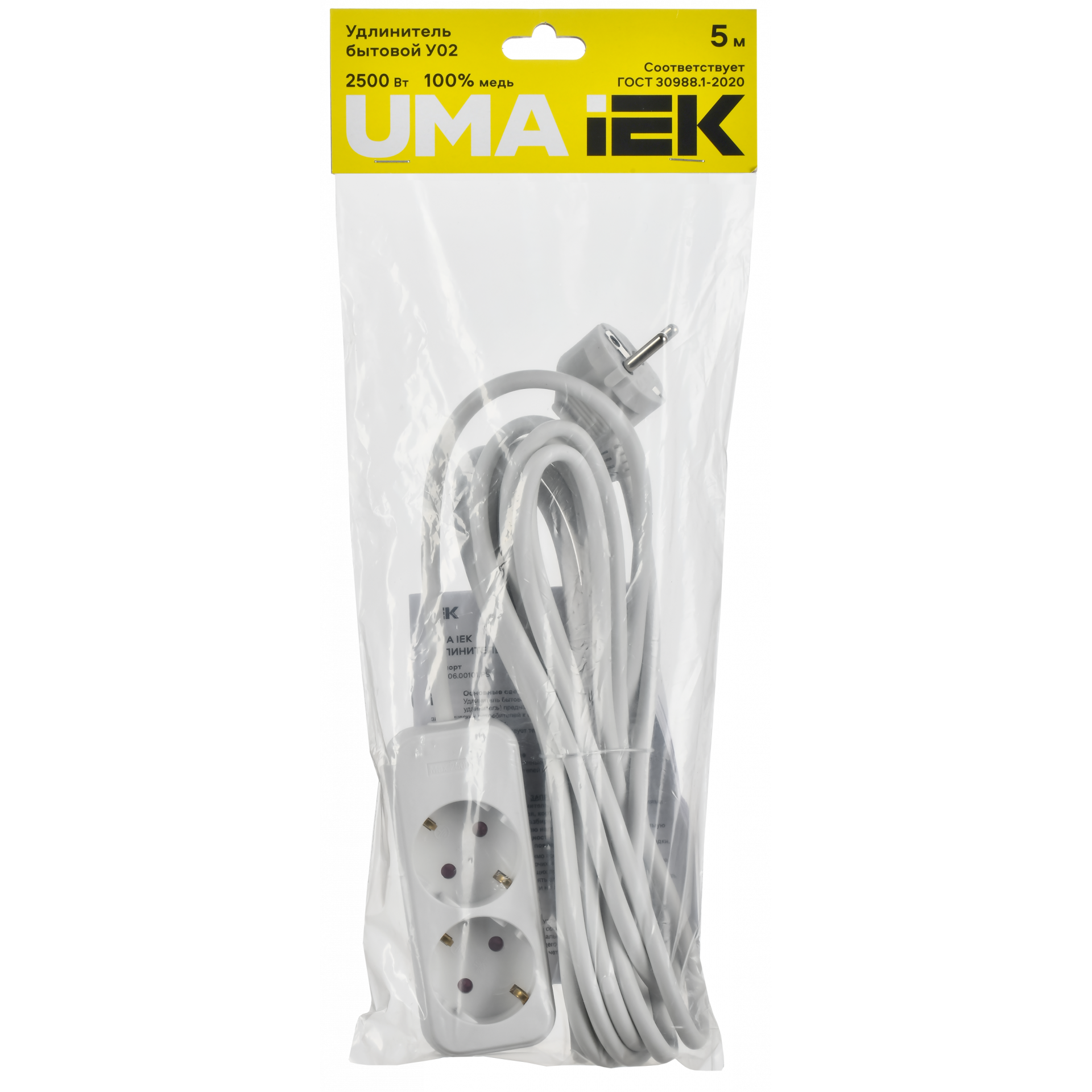UMA Удлинитель У02 2 места 2P+PE 5м 3х1мм2 10А белый IEK