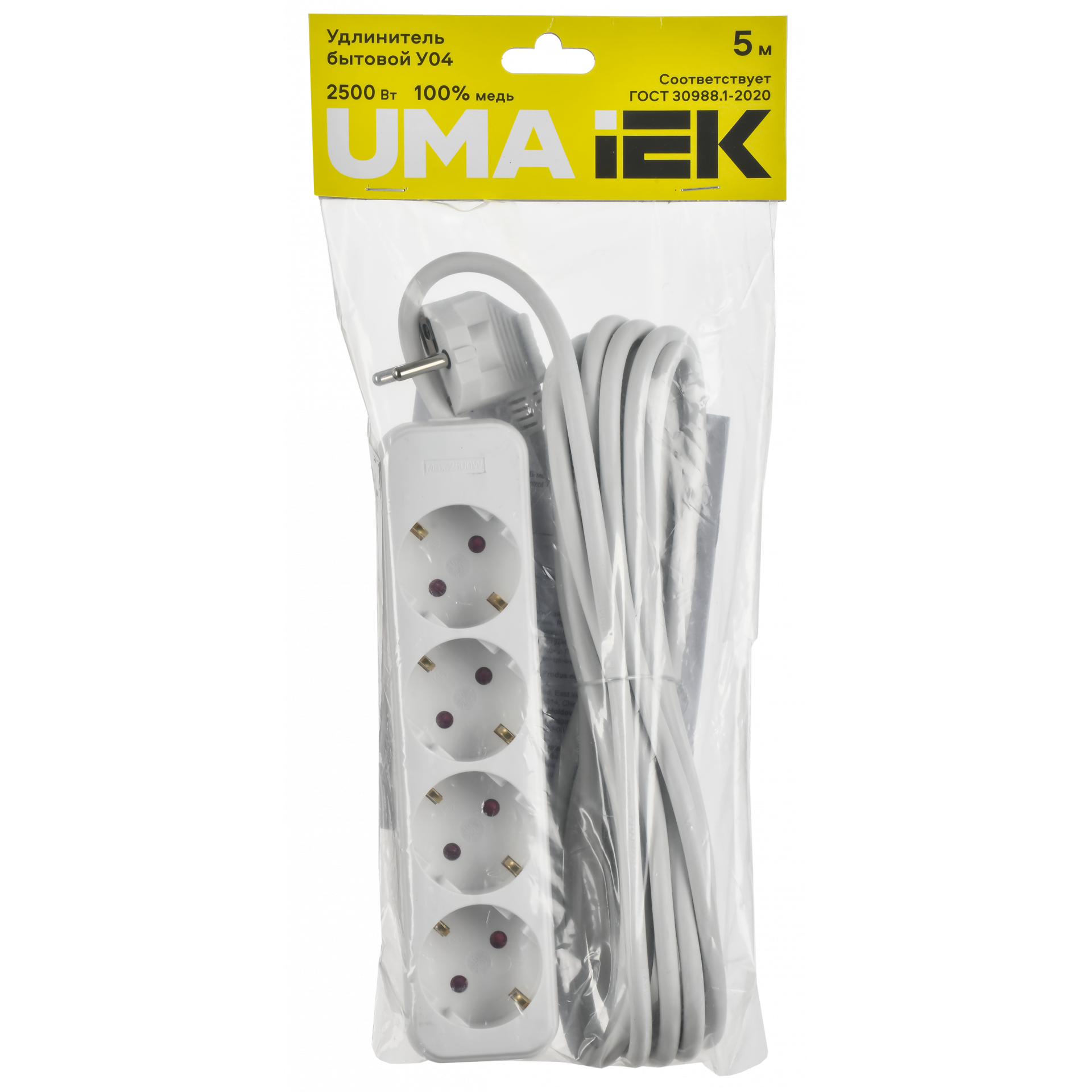 UMA Удлинитель У04 4 места 2P+PE 5м 3х1мм2 10А белый IEK
