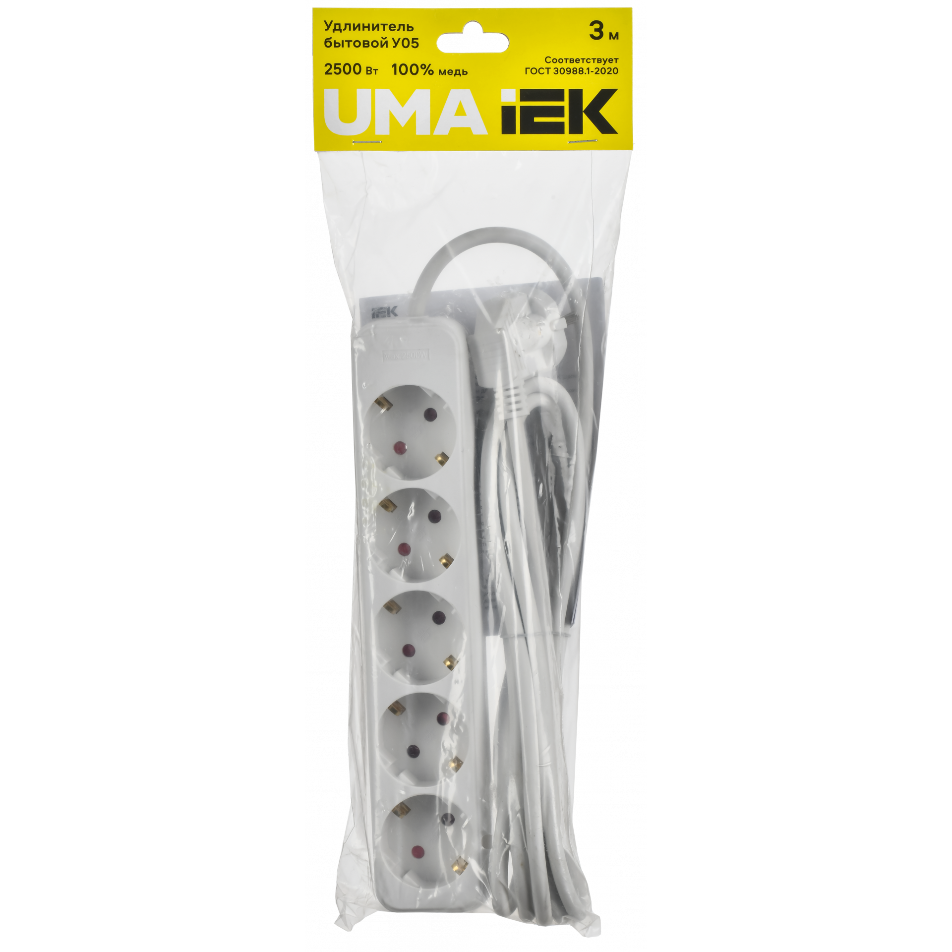 UMA Удлинитель У05 5 мест 2P+PE 3м 3х1мм2 10А белый IEK