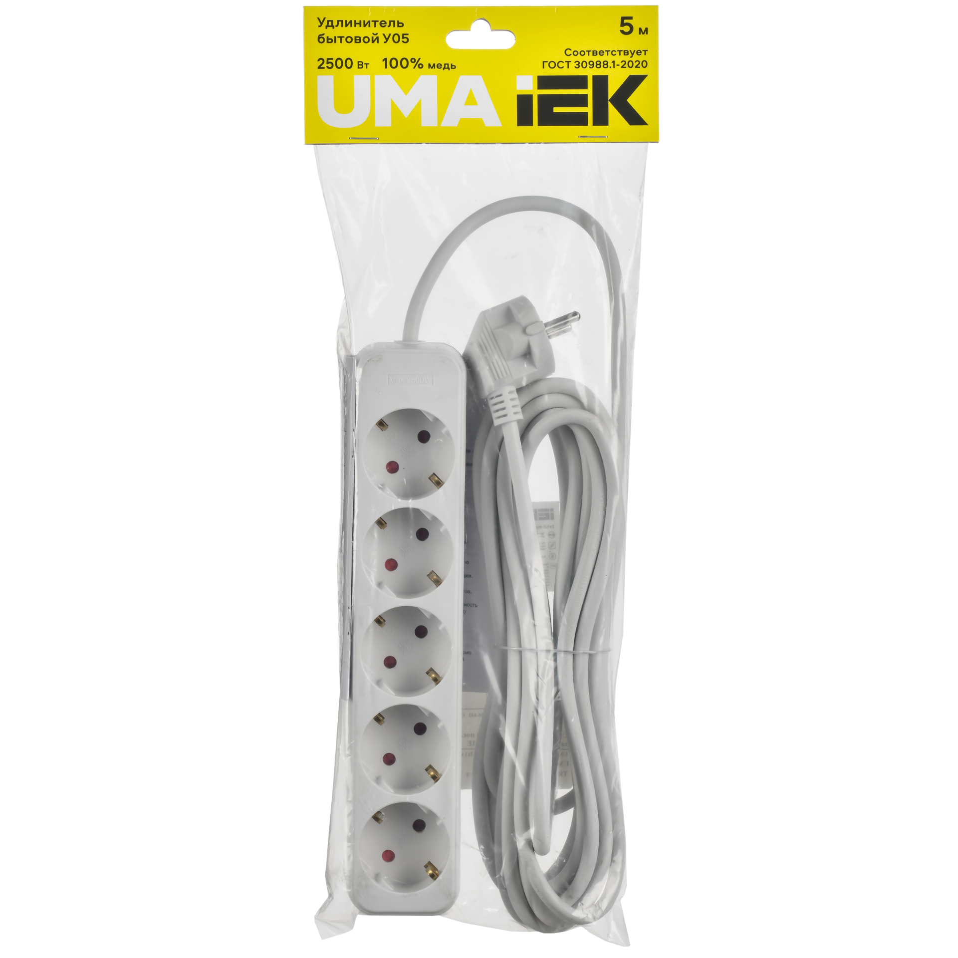 UMA Удлинитель У05 5 мест 2P+PE 5м 3х1мм2 10А белый IEK