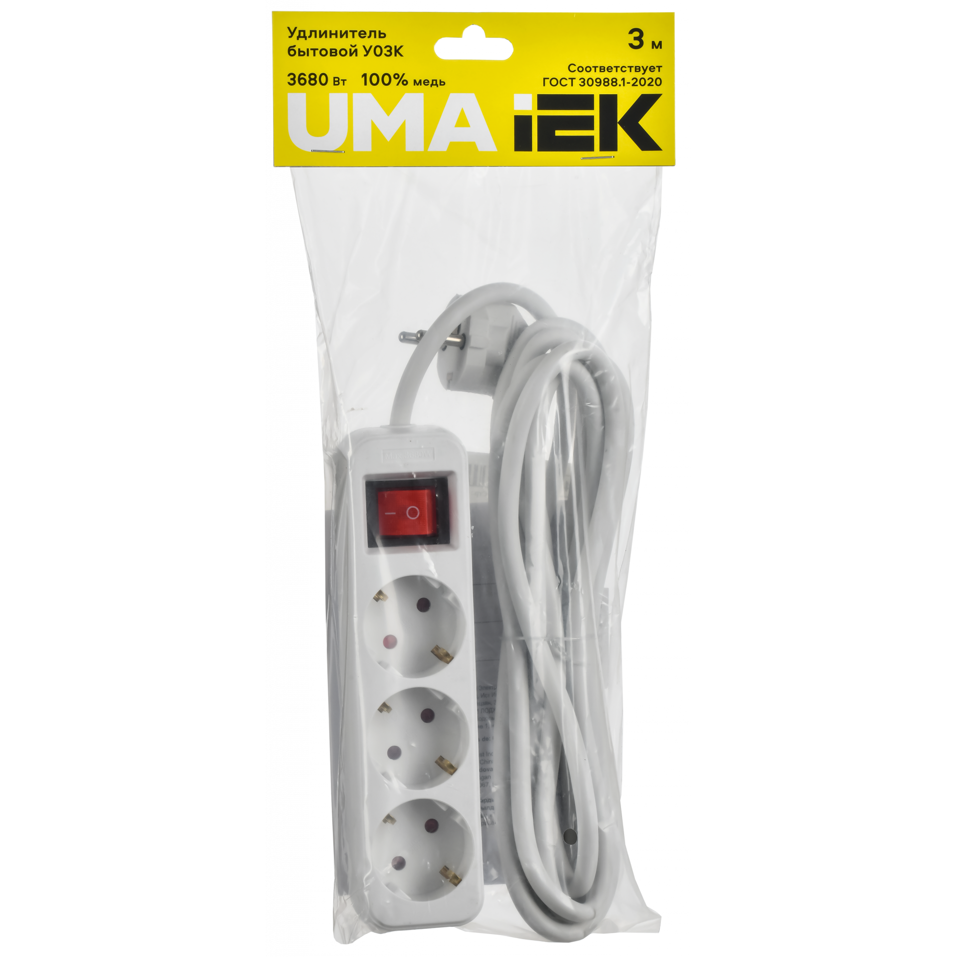UMA Удлинитель У03К 3 места 2P+PE 3м 3х1,5мм2 16А белый IEK