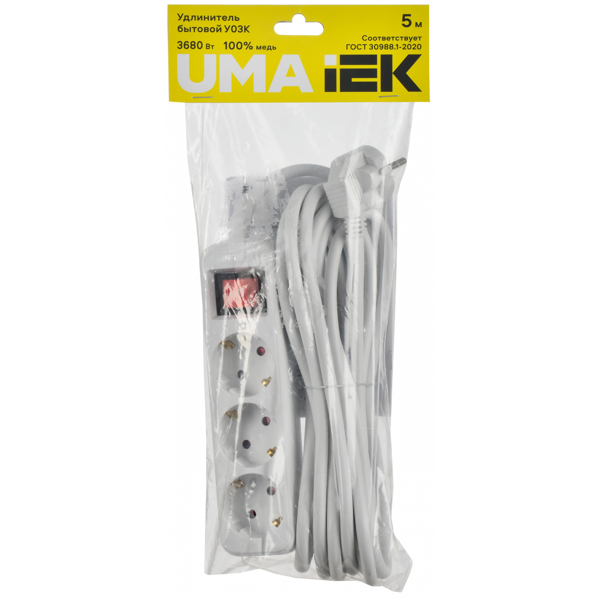 UMA Удлинитель У03К 3 места 2P+PE 5м 3х1,5мм2 16А белый IEK