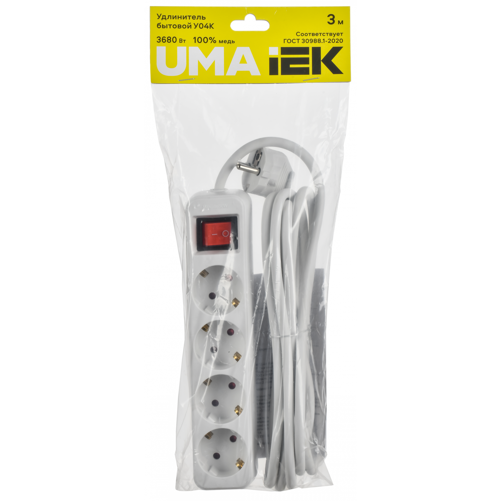 UMA Удлинитель У04К 4 места 2P+PE 3м 3х1,5мм2 16А белый IEK