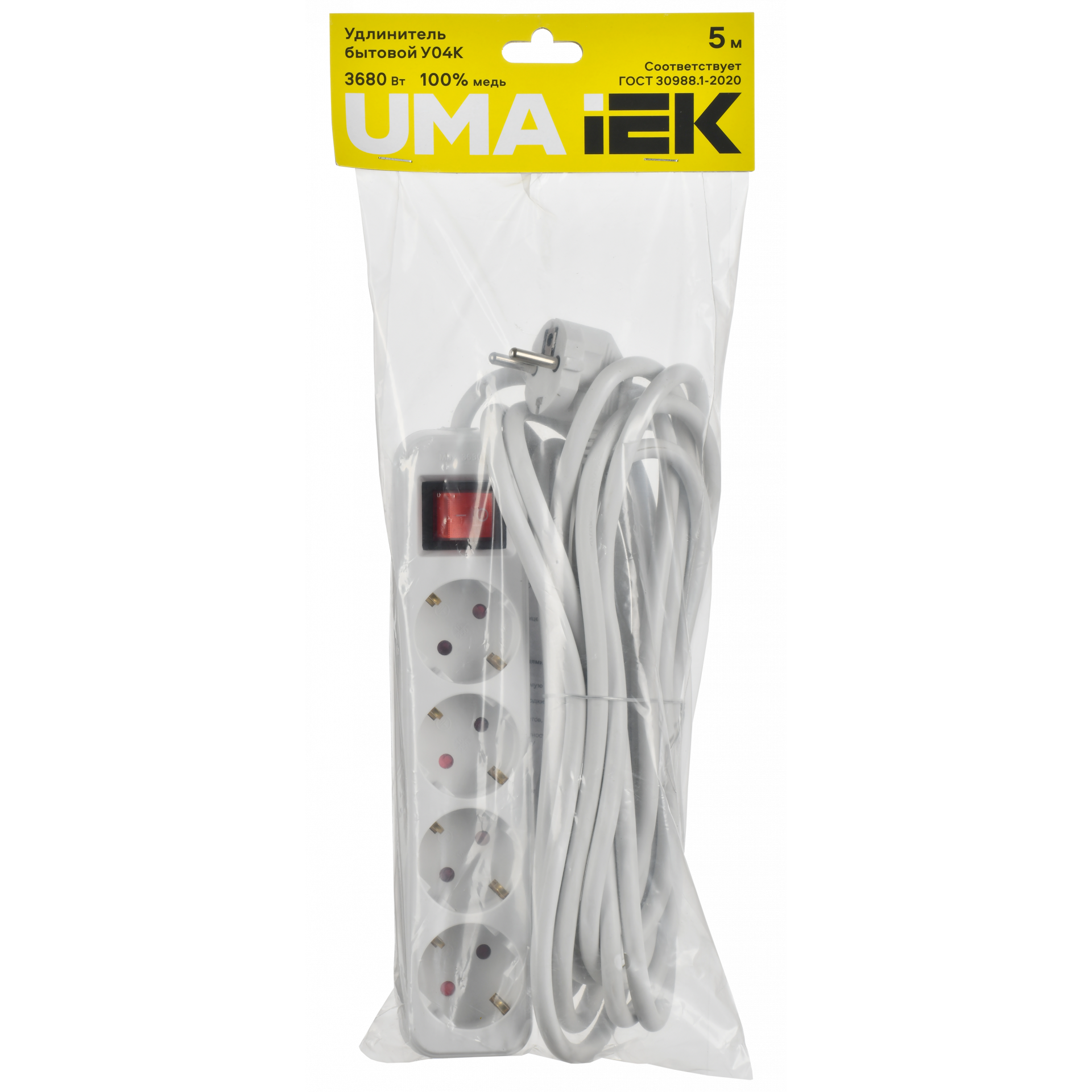 UMA Удлинитель У04К 4 места 2P+PE 5м 3х1,5мм2 16А белый IEK