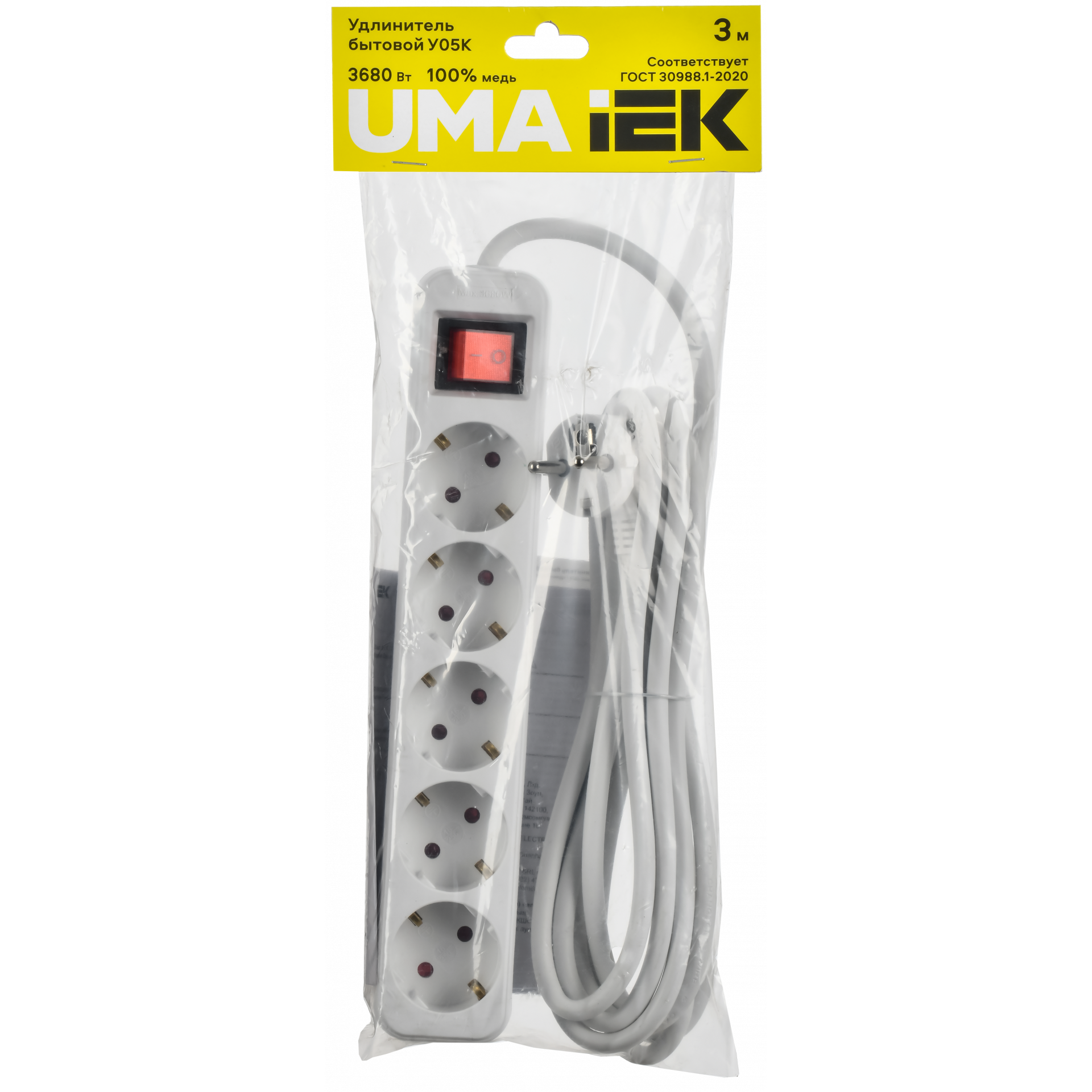 UMA Удлинитель У05К 5 мест 2P+PE 3м 3х1,5мм2 16А белый IEK