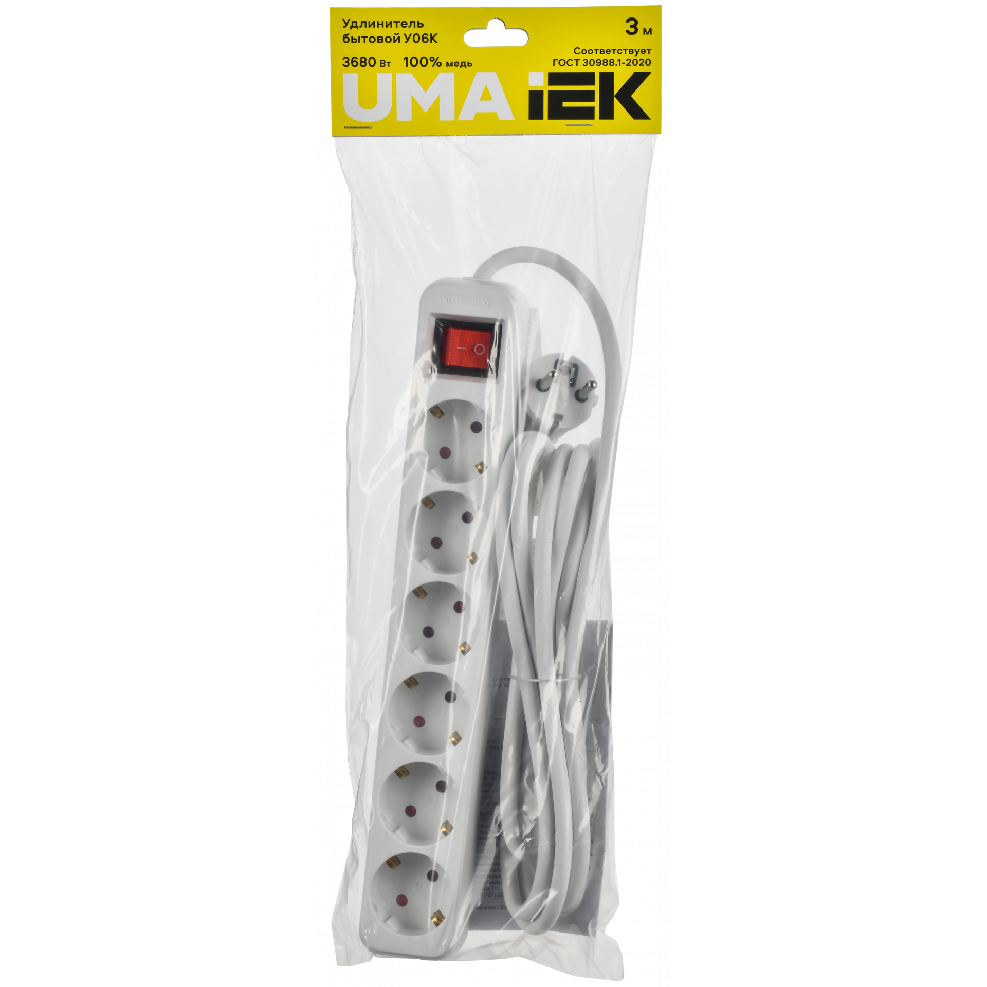 UMA Удлинитель У06К 6 мест 2P+PE 3м 3х1,5мм2 16А белый IEK