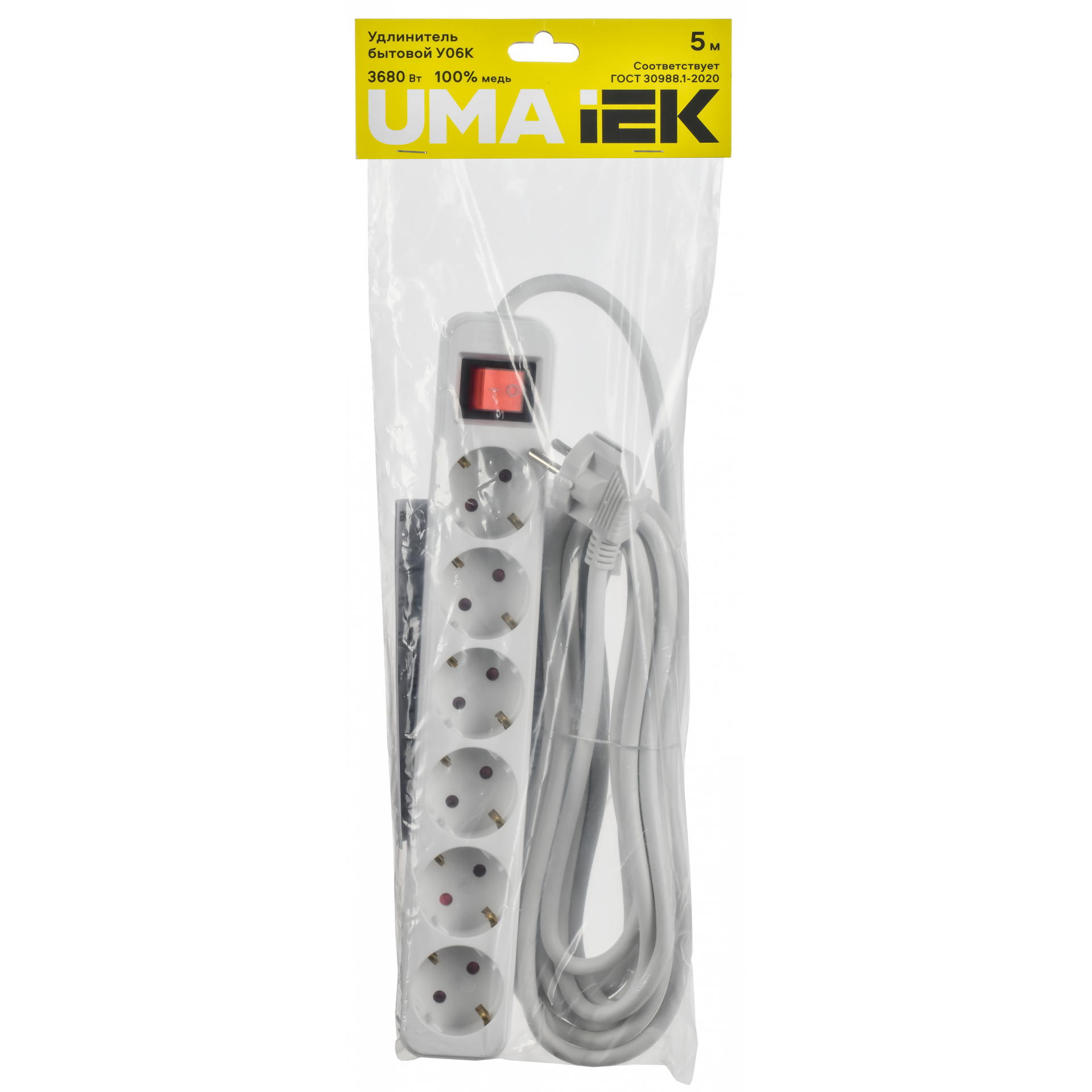 UMA Удлинитель У06К 6 мест 2P+PE 5м 3х1,5мм2 16А белый IEK