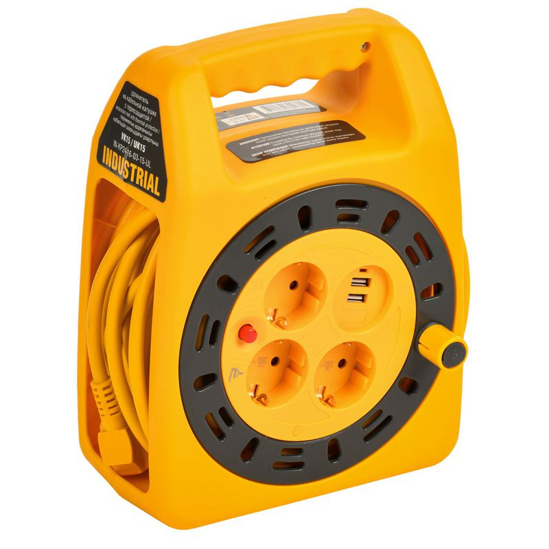 INDUSTRIAL Катушка УК15 3 места с заземлением с термозащитой 3х1,5мм2 с USBх2 с LED-подсветкой 15м IEK