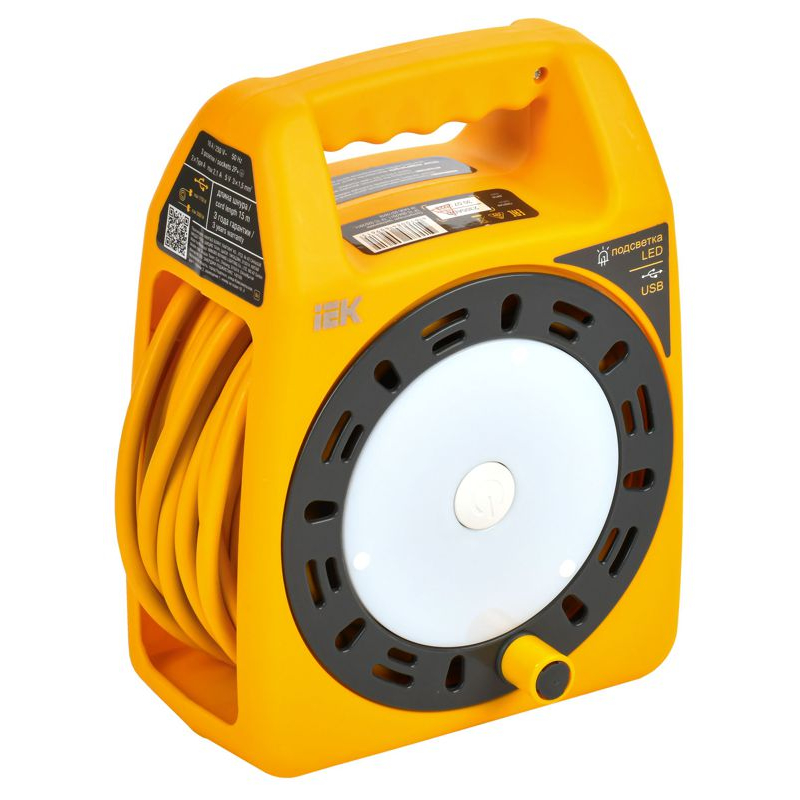 INDUSTRIAL Катушка УК15 3 места с заземлением с термозащитой 3х1,5мм2 с USBх2 с LED-подсветкой 15м IEK