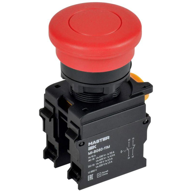 Кнопка Грибок без фиксации d=22мм 1NO+1NC красная MASTER IEK