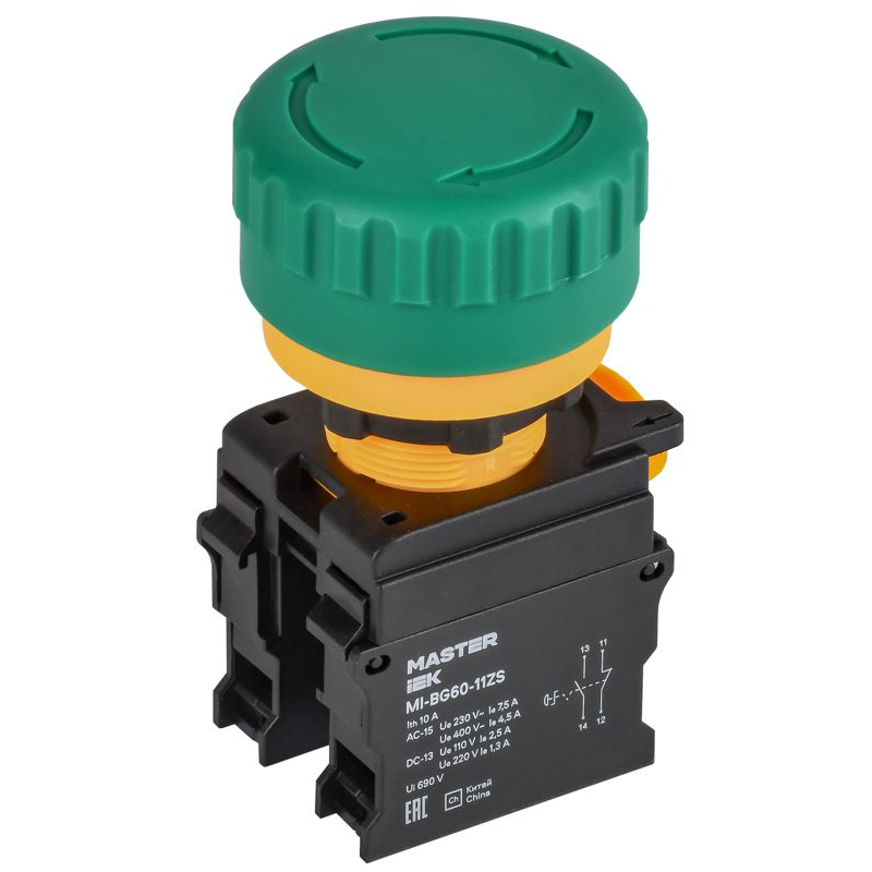 Кнопка Грибок поворотная с фиксацией 1NO+1NC зеленая MASTER IEK