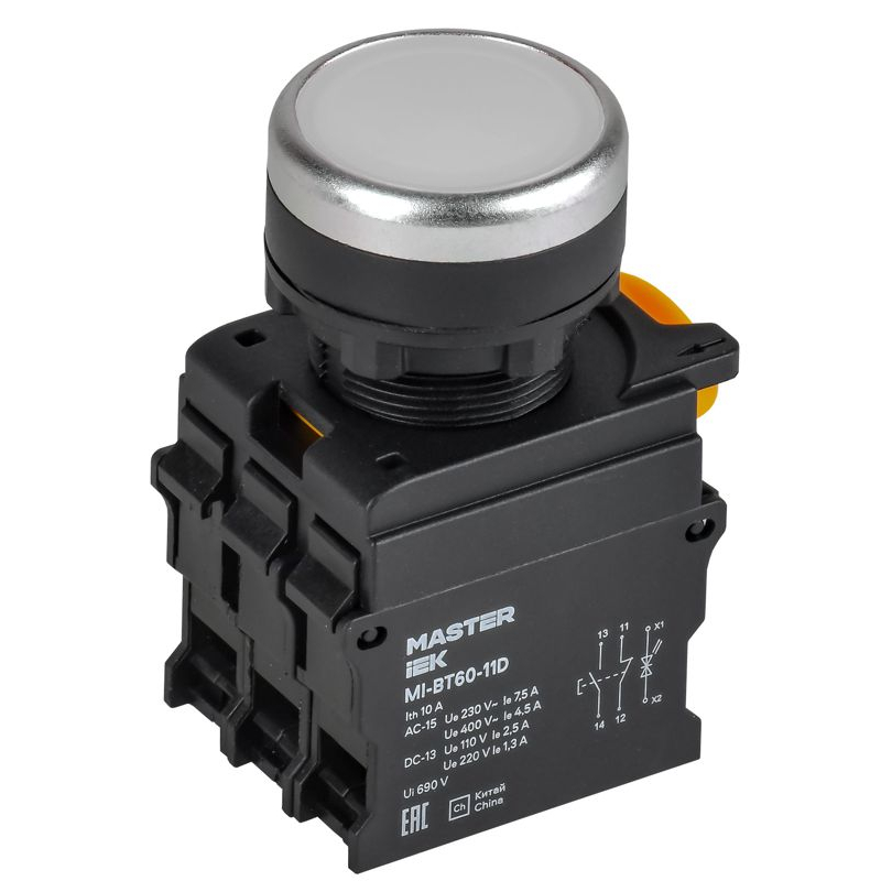 Кнопка с подсветкой d=22мм 1NO+1NC белая MASTER IEK