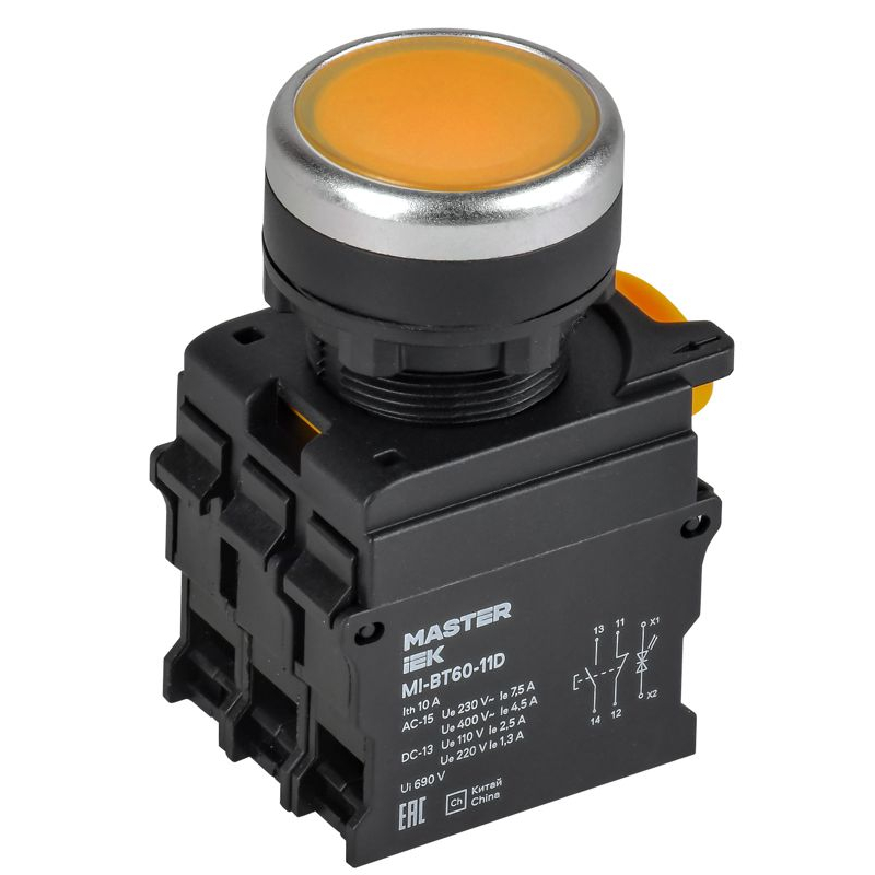 Кнопка с подсветкой d=22мм 1NO+1NC желтая MASTER IEK