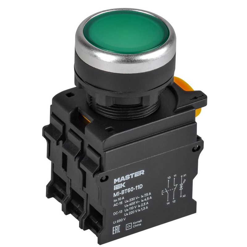Кнопка с подсветкой d=22мм 1NO+1NC зеленая MASTER IEK