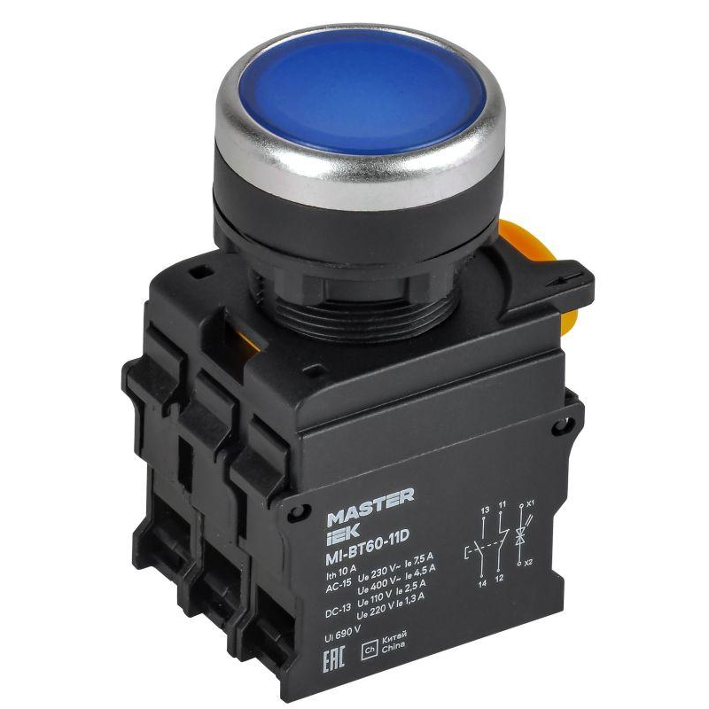 Кнопка с подсветкой d=22мм 1NO+1NC синяя MASTER IEK