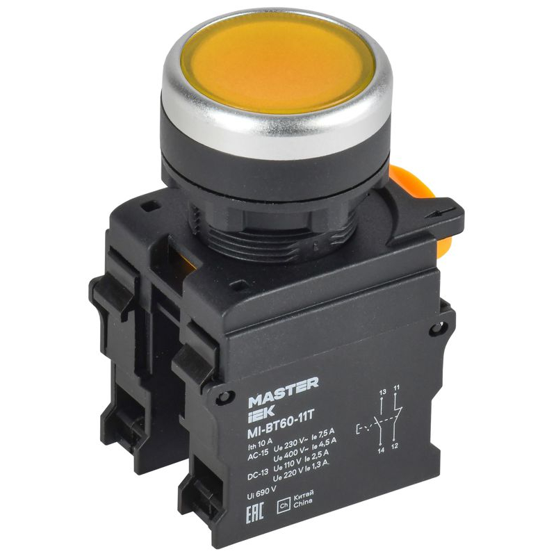 Кнопка с фиксацией d=22мм 1NO+1NC желтая MASTER IEK