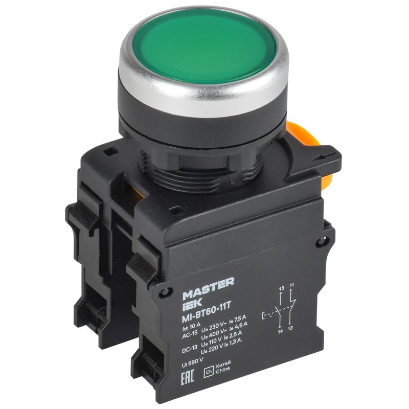 Кнопка с фиксацией d=22мм 1NO+1NC зеленая MASTER IEK