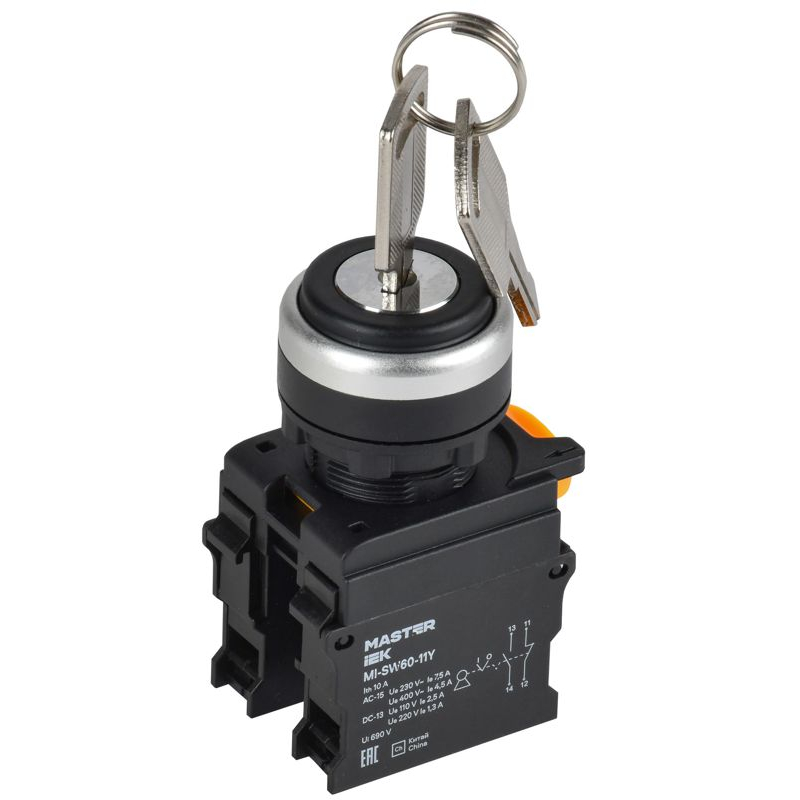 Переключатель с ключом на 2 положения 1NO+1NC черный MASTER IEK