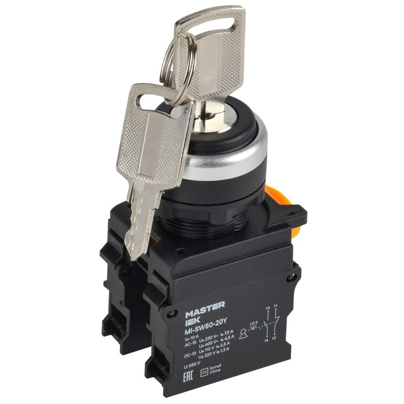 Переключатель с ключом на 3 положения 2NO черный MASTER IEK