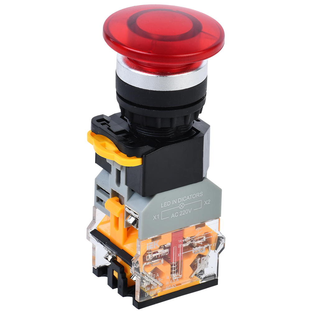 Кнопка D8-11MD Грибок d=22мм 1NO+1NC с подсветкой красная IEK