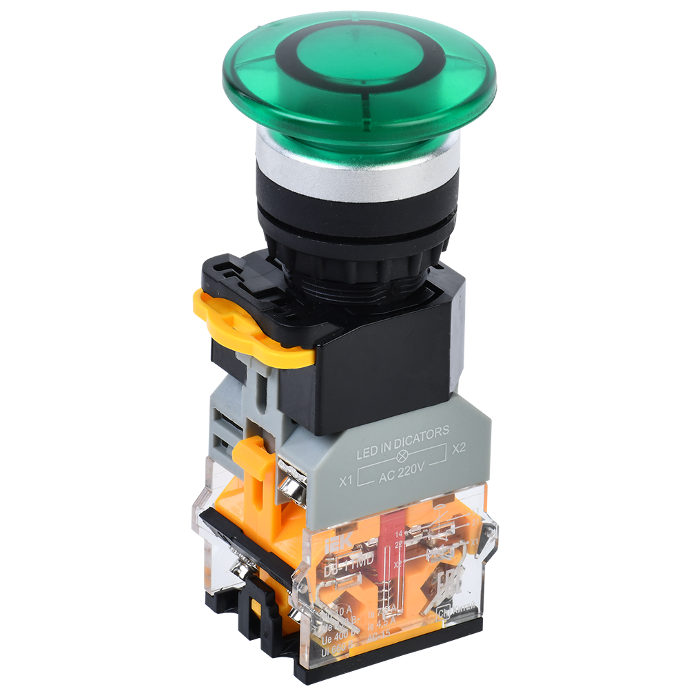 Кнопка D8-11MD Грибок d=22мм 1NO+1NC с подсветкой зеленая IEK