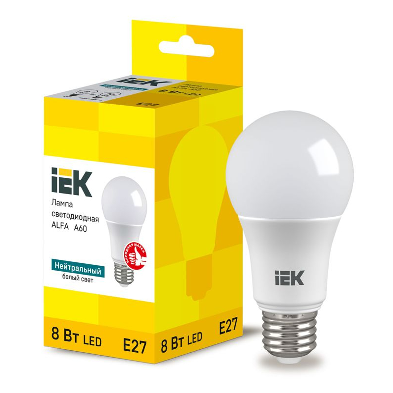 Лампа светодиодная ALFA A60 груша 8Вт 230В 4000К E27 (6шт) IEK