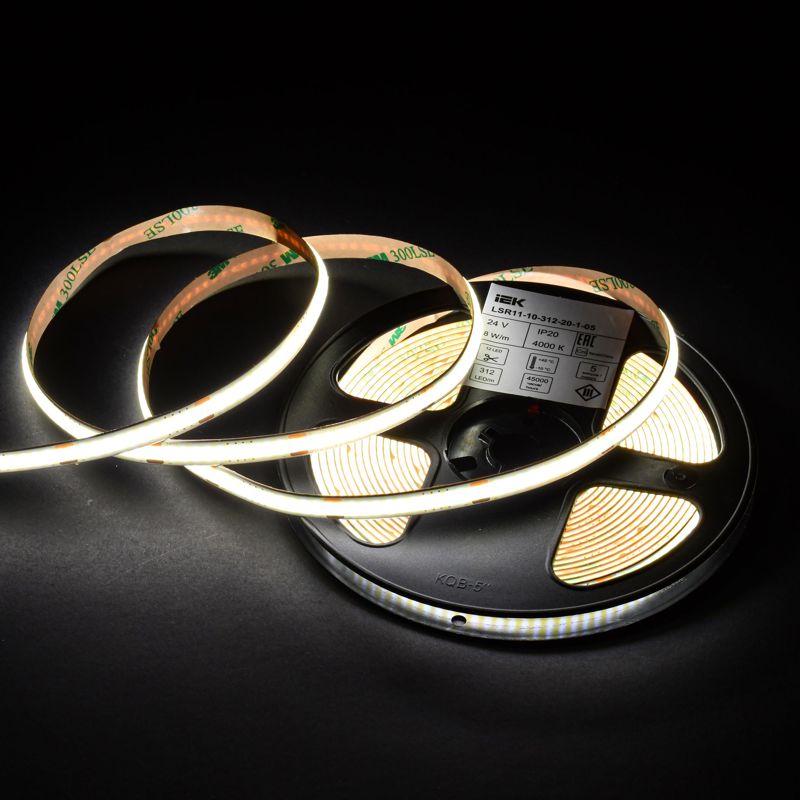 Лента светодиодная 5м COB 312LED/м 8Вт/м IP20 ширина 8мм 24В нейтральный белый IEK