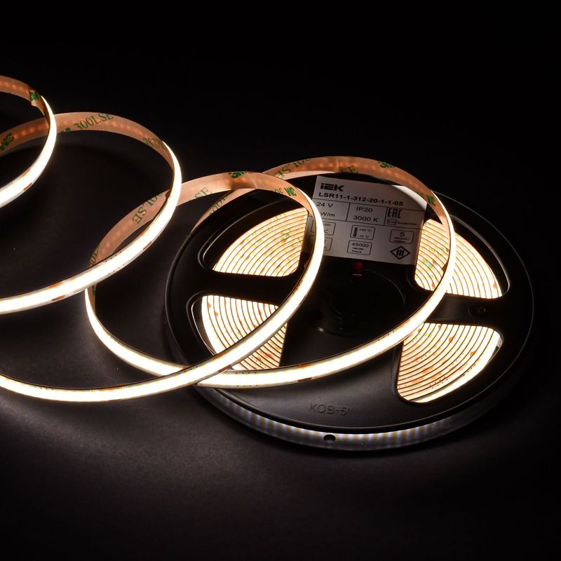 Лента светодиодная 5м COB 312LED/м 8Вт/м IP20 ширина 8мм 24В теплый белый IEK