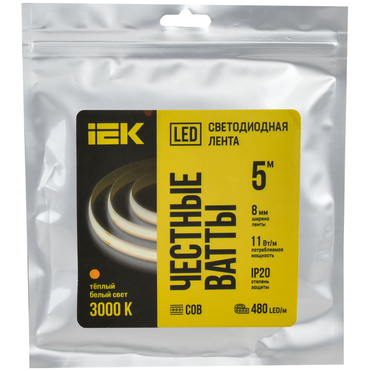 Лента светодиодная 5м COB 480LED/м 11Вт/м IP20 ширина 8мм 24В теплый белый IEK