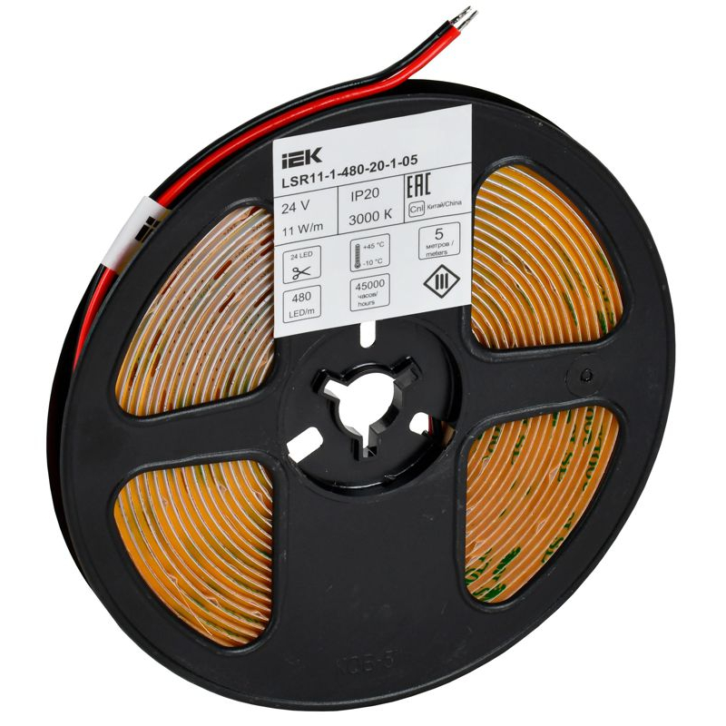 Лента светодиодная 5м COB 480LED/м 11Вт/м IP20 ширина 8мм 24В теплый белый IEK