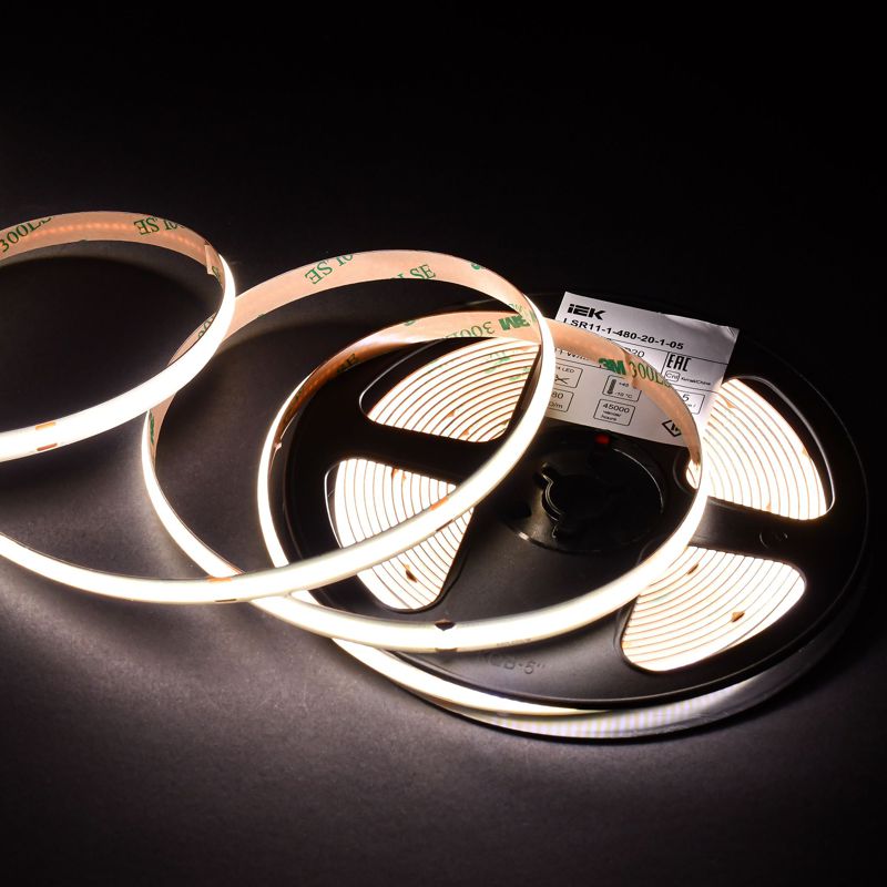 Лента светодиодная 5м COB 480LED/м 11Вт/м IP20 ширина 8мм 24В теплый белый IEK