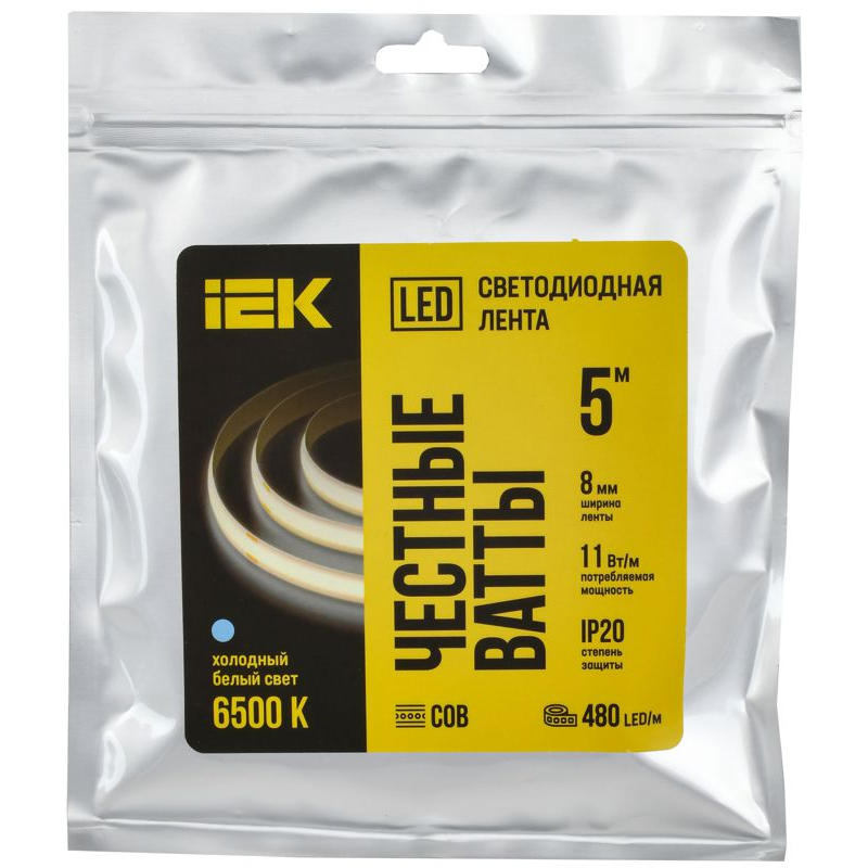 Лента светодиодная 5м COB 480LED/м 11Вт/м IP20 ширина 8мм 24В холодный белый IEK