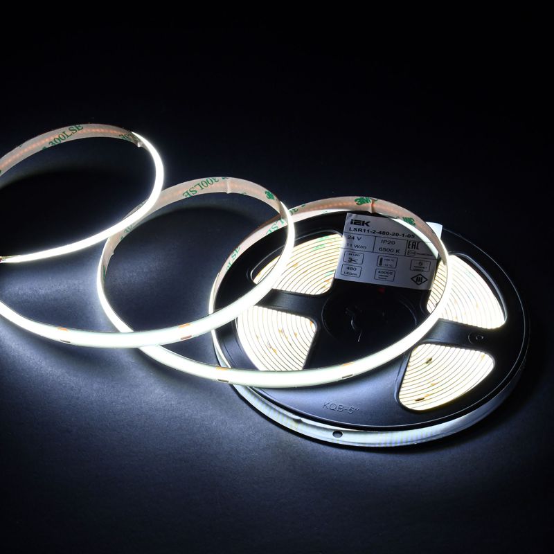 Лента светодиодная 5м COB 480LED/м 11Вт/м IP20 ширина 8мм 24В холодный белый IEK