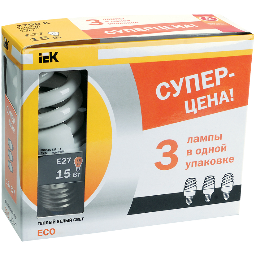 Лампа энергосберегающая КЭЛP-FS спираль Е27 15Вт 4000К (ПРОМОПАК 3шт) IEK-eco