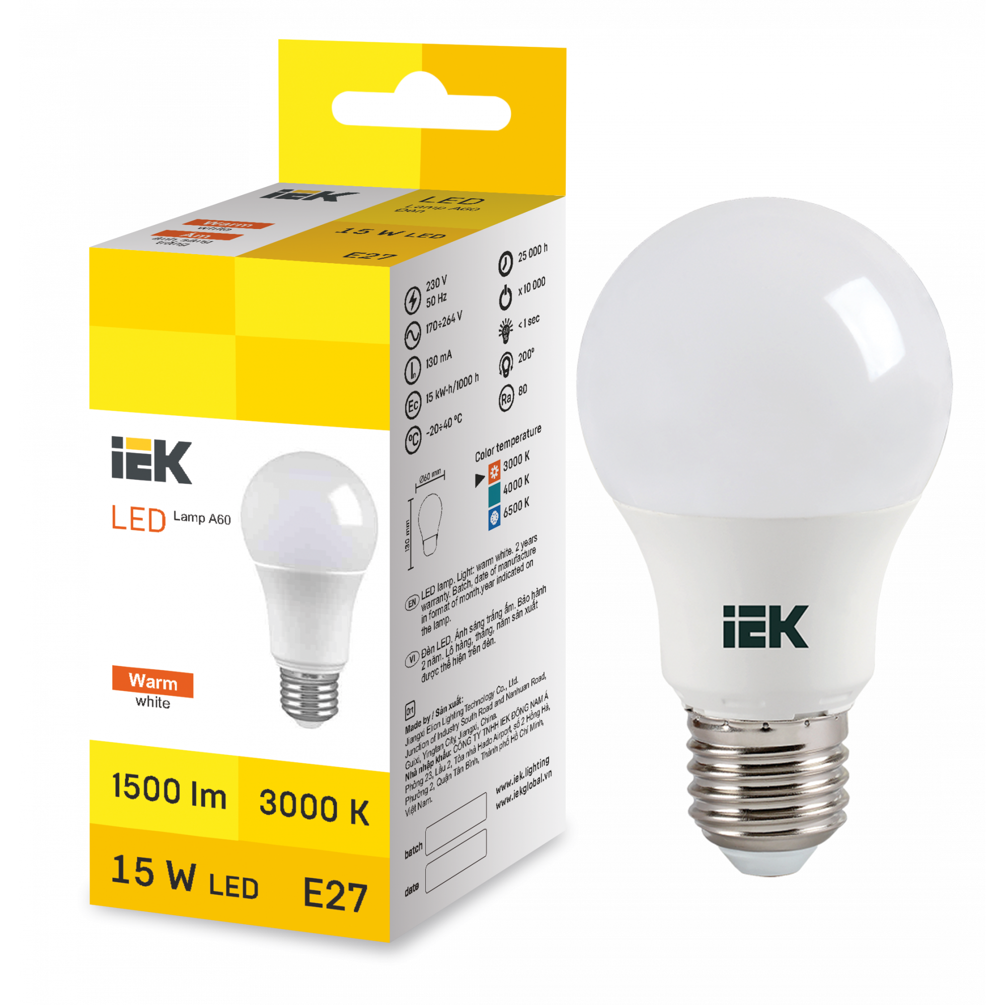LED Bulb A60 15W 3000K E27 IEK