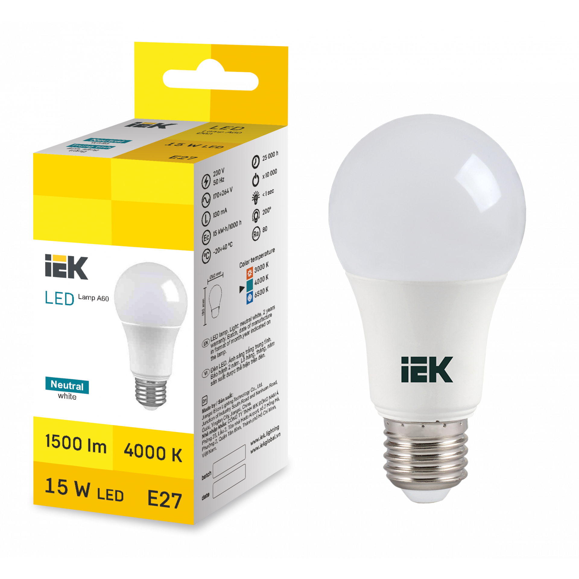 LED Bulb A60 15W 4000K E27 IEK