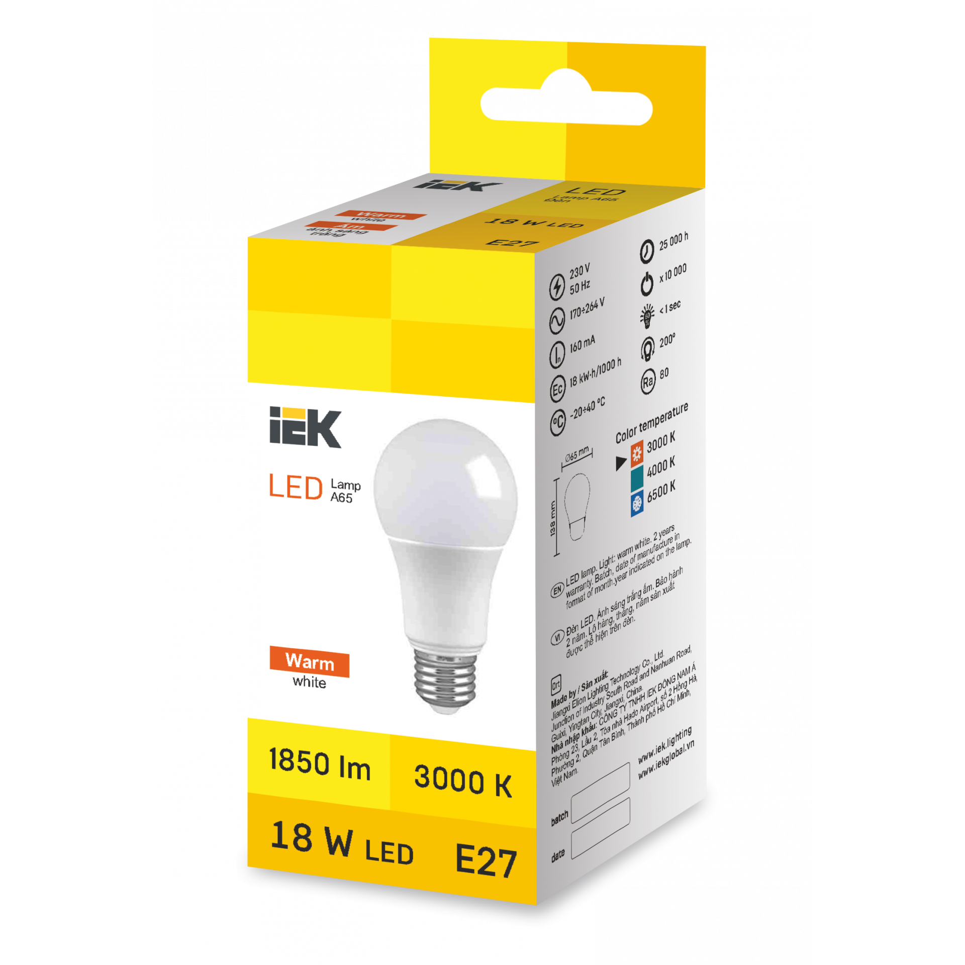 LED Bulb A65 18W 3000K E27 IEK