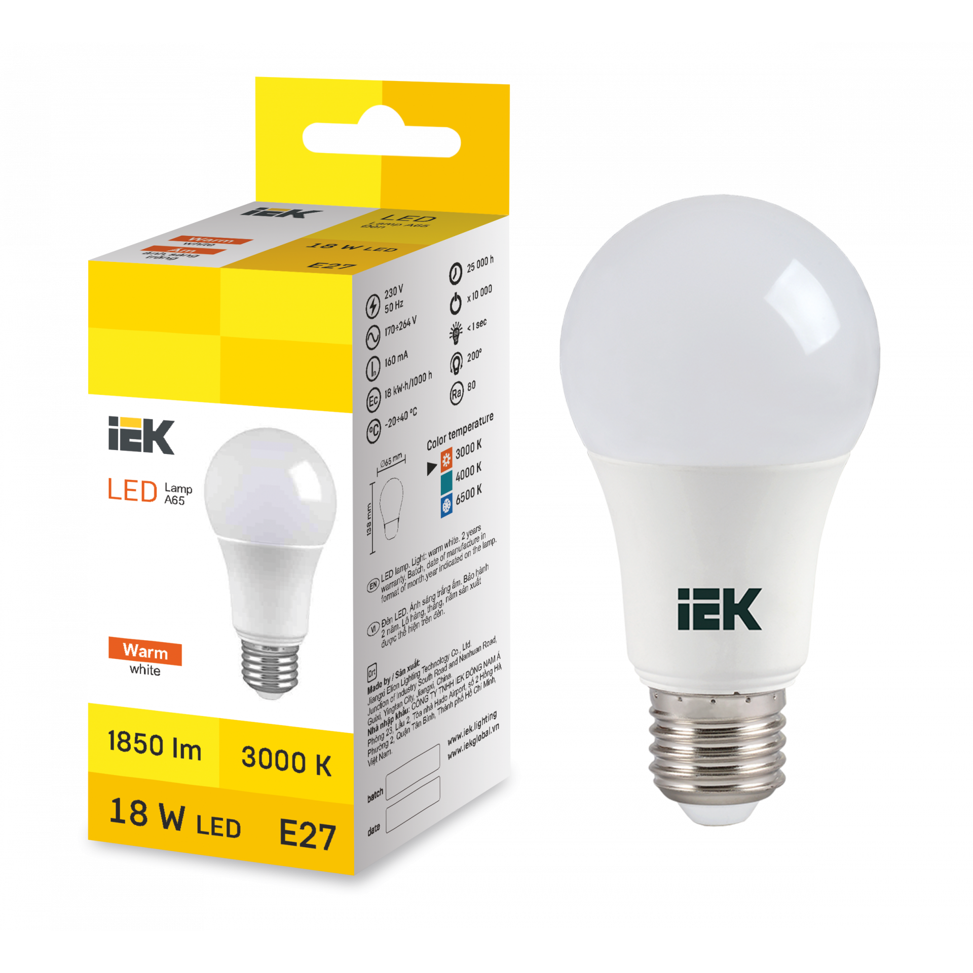 LED Bulb A65 18W 3000K E27 IEK