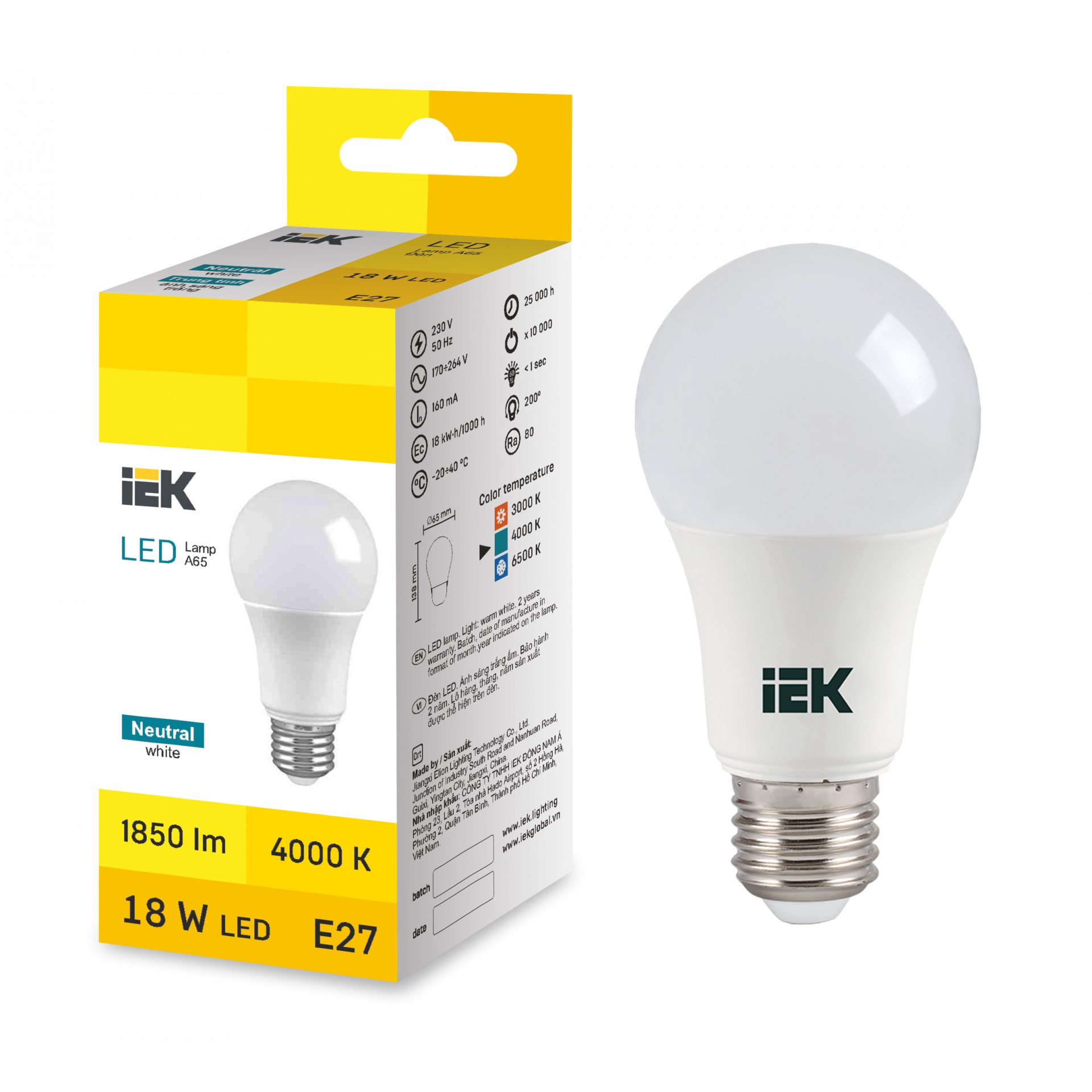 LED Bulb A65 18W 4000K E27 IEK