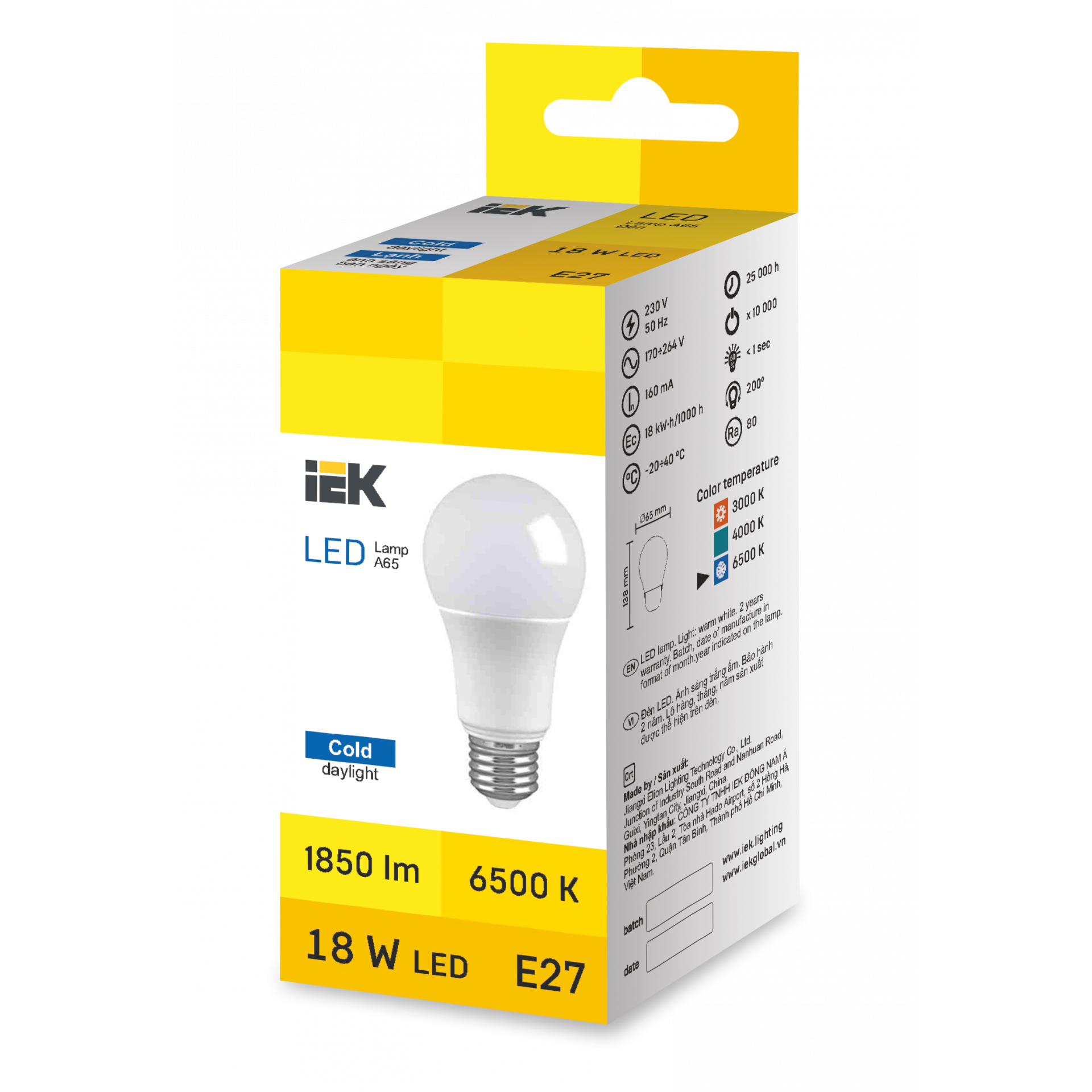 LED Bulb A65 18W 6500K E27 IEK