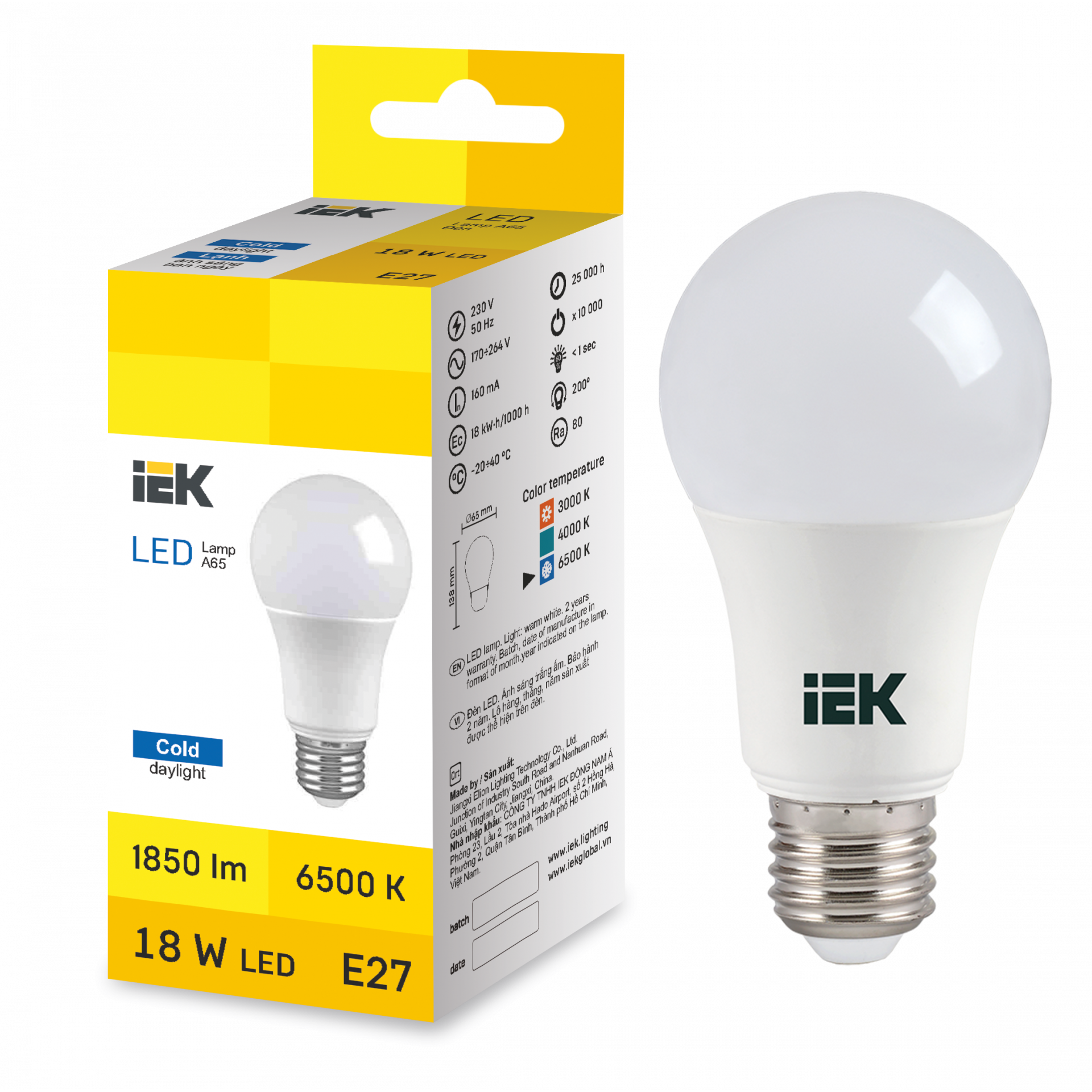 LED Bulb A65 18W 6500K E27 IEK