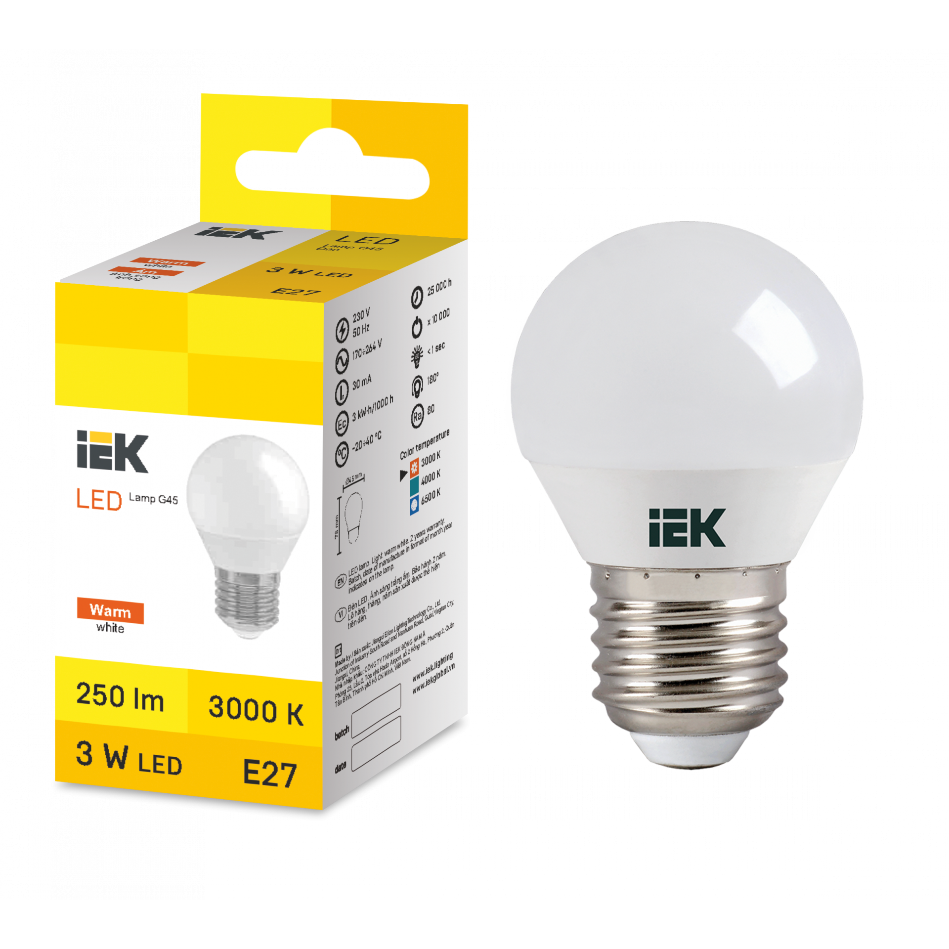 LED Globe G45 3W 3000K E27 IEK