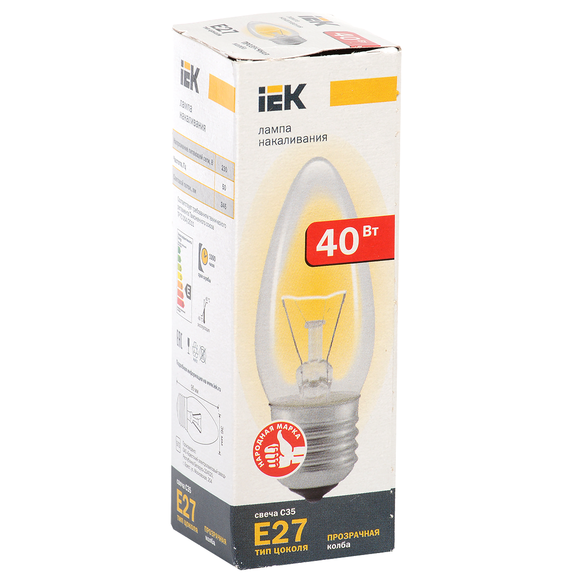 Лампа накаливания C35 свеча прозрачная 40Вт E27 IEK